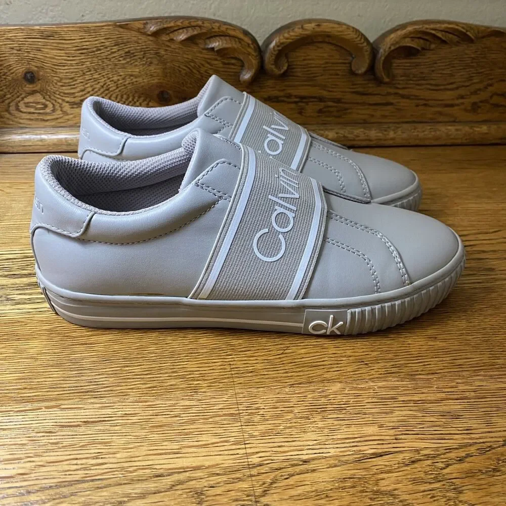 Calvin Klein Womens Clairen Slip On Sneakers Size 7 Light Gray Faux Leather